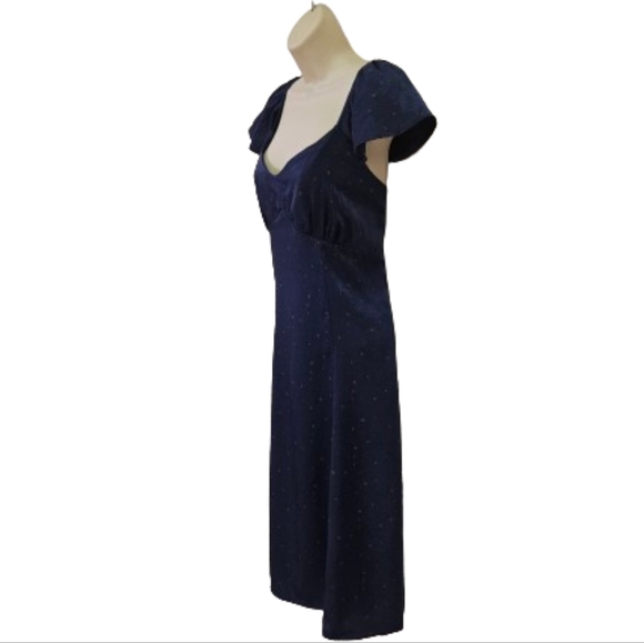 Lark + Grey Navy Blue/Brown Star Print Flutter Sleeve Midi Dress,Large - Picture 15 of 16